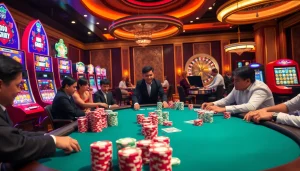 Excited players betting at the NOHU90 poker table in a luxurious casino setting.