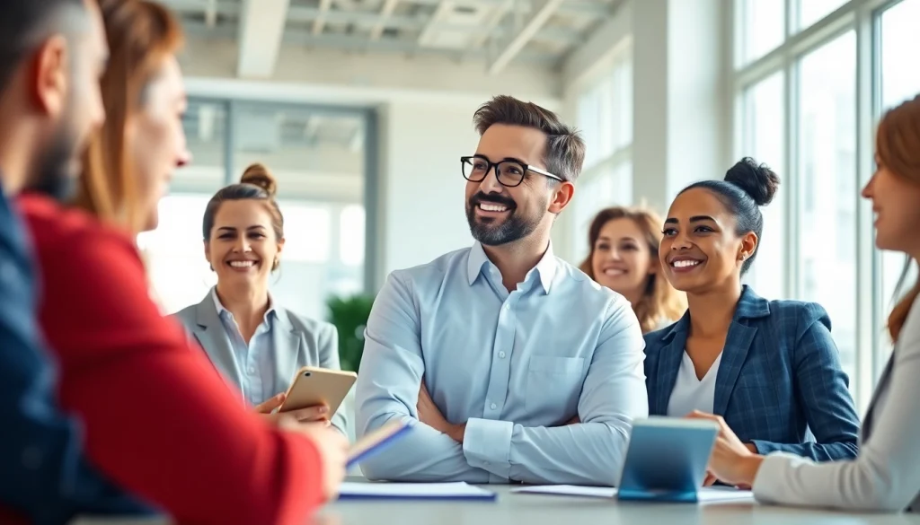 Leverage founder leadership insights from a dynamic team meeting in a modern office environment.