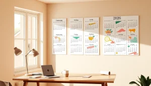 Printable calendar 2026 displayed in a cozy home office setting, showcasing organization and productivity.