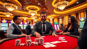 Players enjoying high-stakes action at the lu88 casino table, with vibrant ambiance.