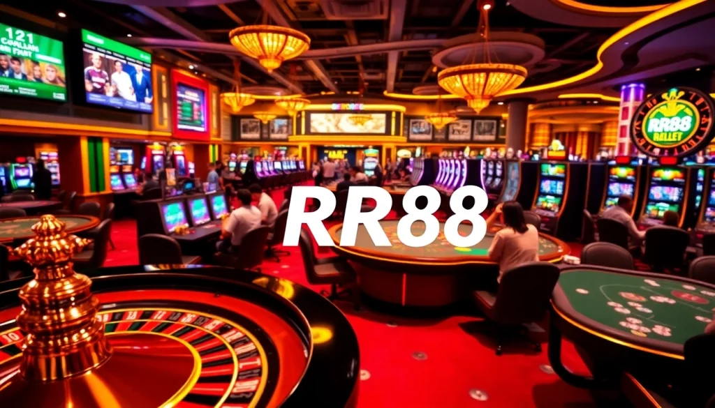 RR88 casino scene featuring roulette, poker, and vibrant slot machines, highlighting excitement and luxury.