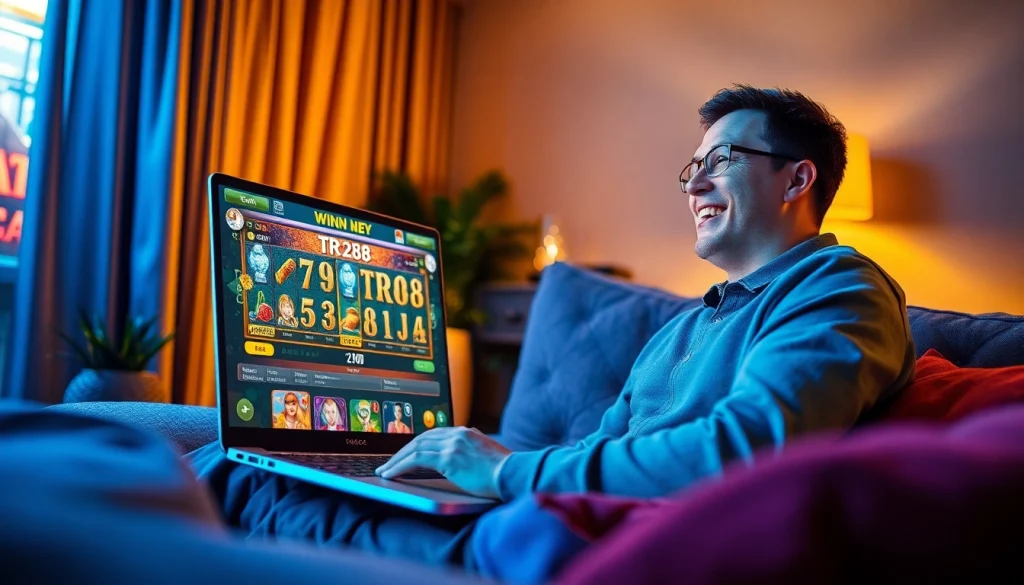 Exciting gaming experience with TR88 displayed on a laptop screen, showcasing vibrant graphics and a joyful player.