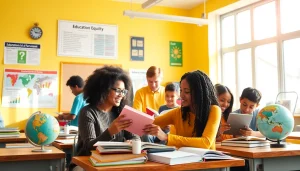 Education-focused classroom scene showcasing diverse students engaged in collaborative learning.