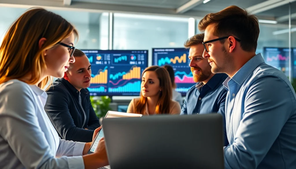 SEO Agentur team analyzing performance metrics in a modern office setting