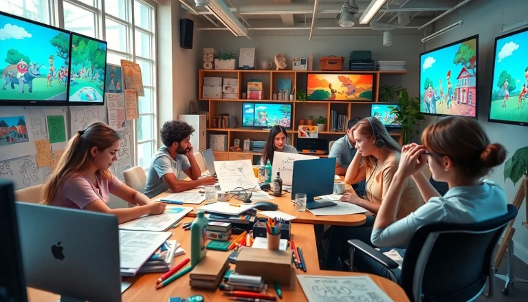 Animationsstudio mit kreativen Künstlern, die an verschiedenen Projekten zusammenarbeiten.