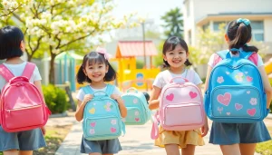 晴れた空の下、色とりどりでかわいいランドセルを背負う子どもたちの明るい学校風景