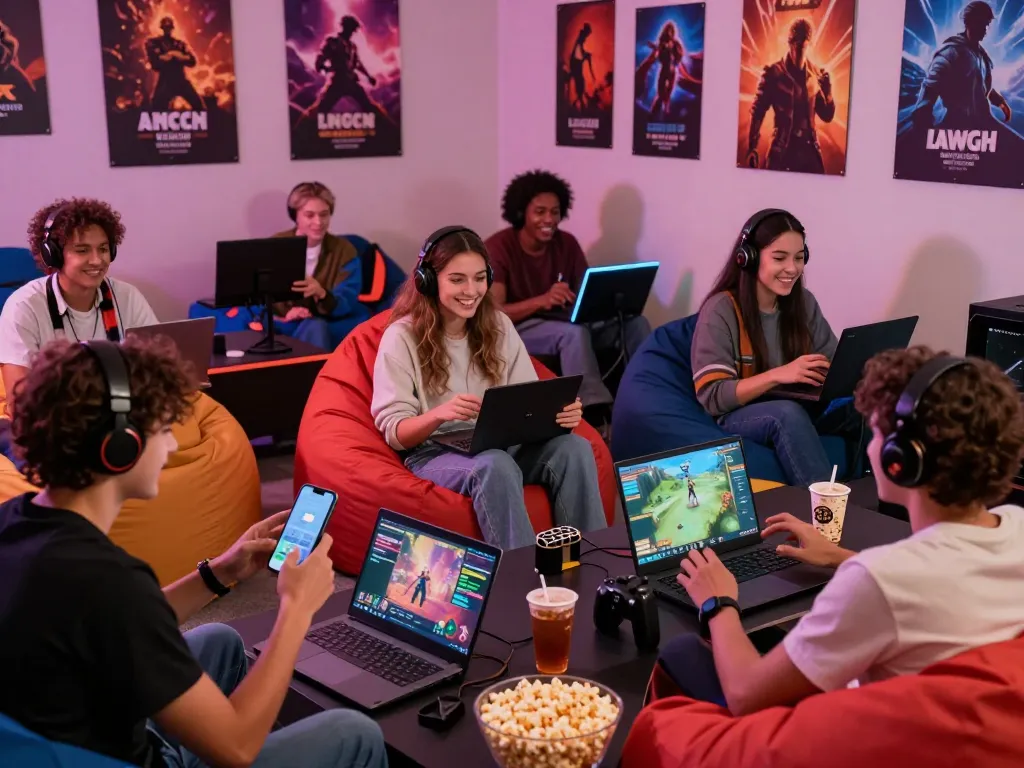 Group enjoying xxx games in a cozy gaming lounge with vibrant decor and friendly atmosphere.