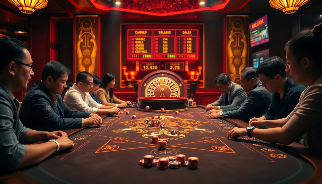 Players enjoying Tài Xỉu at https://taixiumd5.fan/, showcasing an exciting gambling atmosphere with dice and chips.