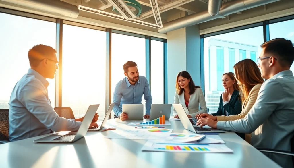Engaging team discussing online marketing edmonton strategies in a modern office setting.