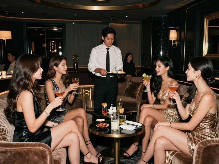 Glamorous group enjoying the nightlife at 강남쩜오, stylish decor, drinks, and vibrant atmosphere.
