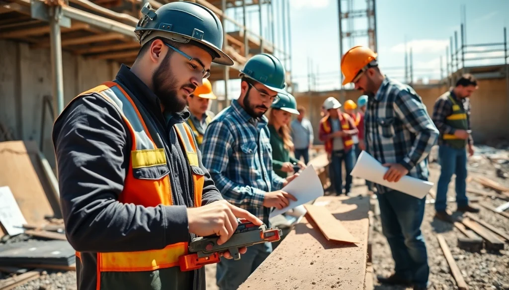 Construction apprentices collaborating on a project, showcasing teamwork and skill development in construction apprenticeship.