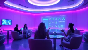 Immersive NSFW AI interaction space showcasing futuristic avatars and holographic displays.