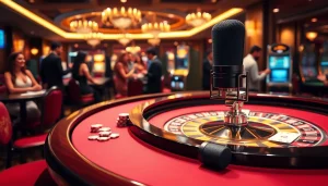 Excited gamblers enjoying games at a luxurious casino with MV 88 microphone for live audio capture.