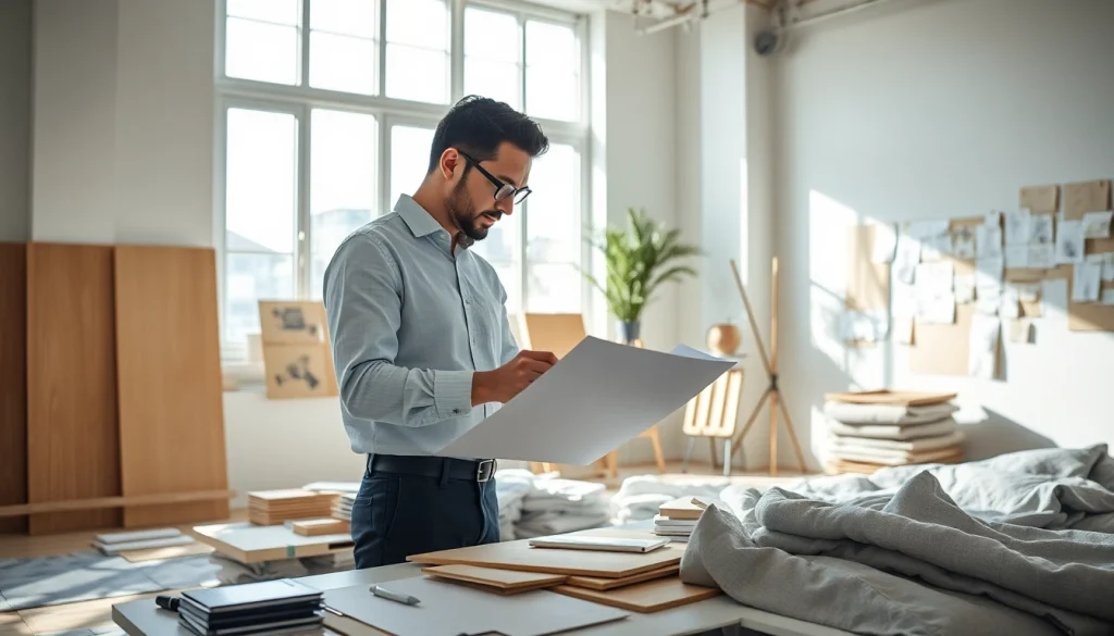 Projektant wnętrz pracujący w nowoczesnym studio z materiałami i planszami inspiracyjnymi.