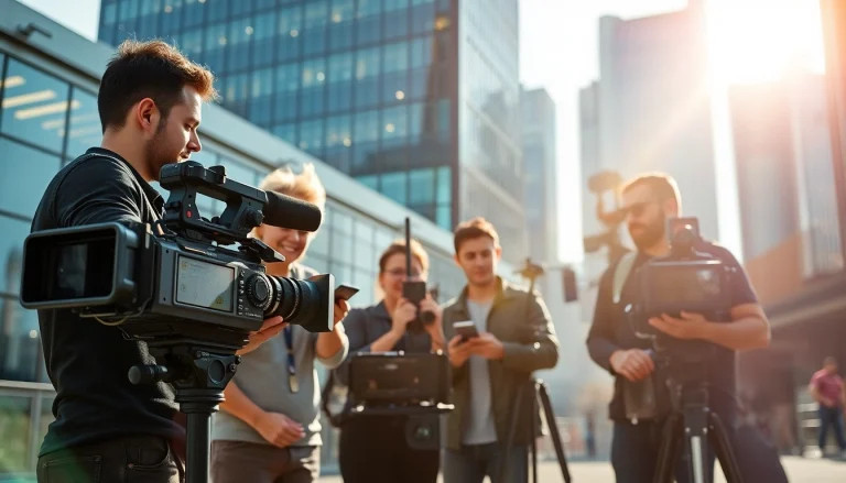 Video production Edmonton team capturing dynamic scenes in a vibrant urban setting.