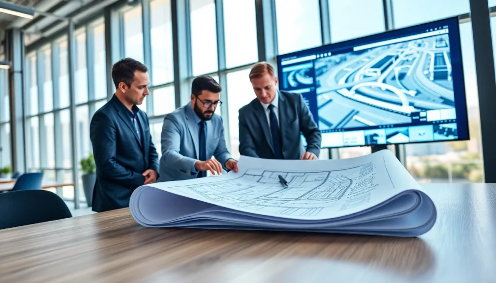 Railroad Design Consultants analyzing blueprints in a bright and modern office.