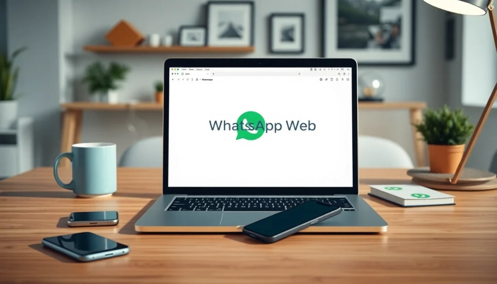 WhatsApp Web displayed on a laptop in a modern workspace, emphasizing digital communication.