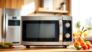 Showcase of microwave oven sales with a stylish microwave in a bright kitchen.