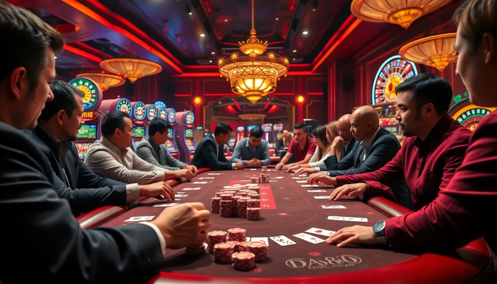 Experience the thrilling poker scene at https://da88.education/ with high-value chips and vibrant casino atmosphere.