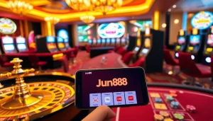 Experience the thrilling atmosphere of Jun88 Casino with vibrant gaming tables and slot machines.