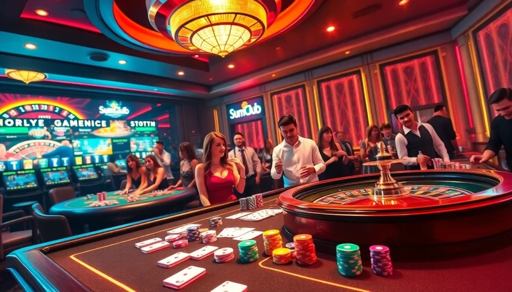 Excited players engaging in various games at SumClub's vibrant casino tables.