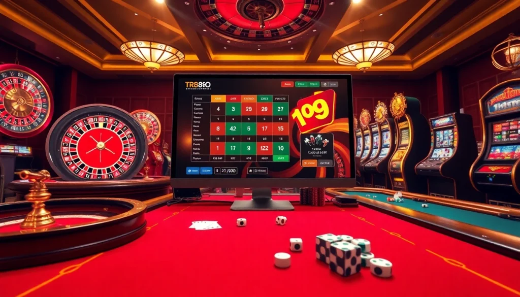 Experience the thrill of gambling at https://tr88.work/ with engaging online casino visuals featuring vibrant slot machines and exciting poker tables.