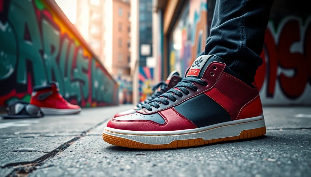 레플리카 신발을 세련된 도시 배경에서 전시하는 장면