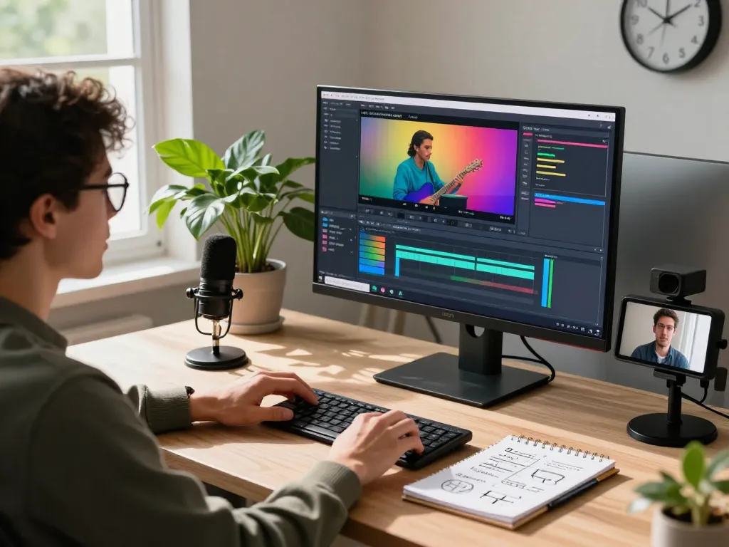 Engaged user converting video to prompt in a modern workspace, showcasing video analysis tools and a bright atmosphere.