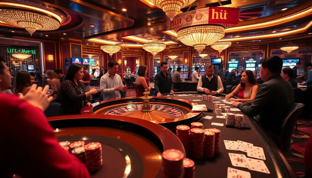 Engaged gamblers enjoying a thrilling game of nohu at a lavish casino with roulette and poker tables.