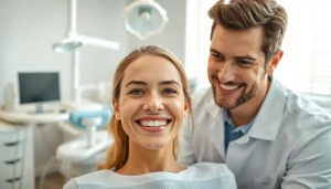 Smiling adult patient using clear aligners for adults Hawthorn, supported by a caring orthodontist in a modern dental clinic.