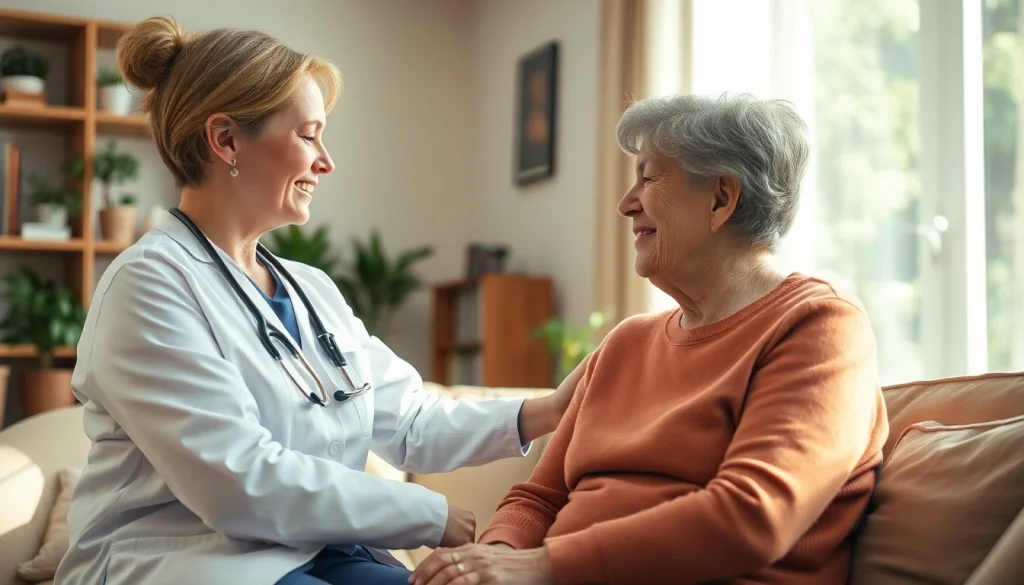 Engaging respite care austin tx discussion between caregiver and elderly client in a warm setting.