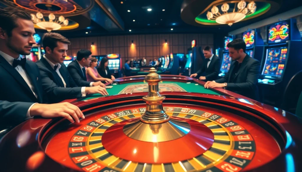 Experience the excitement of sunwin at a luxurious roulette table with vibrant casino ambiance.