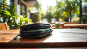 Practical abschließbare Handytasche auf einem Holztisch in einer städtischen Umgebung zeigen.