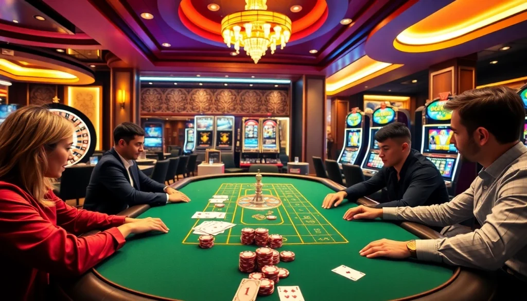 Play in an exciting rr88 casino environment filled with poker tables and vibrant slot machines.