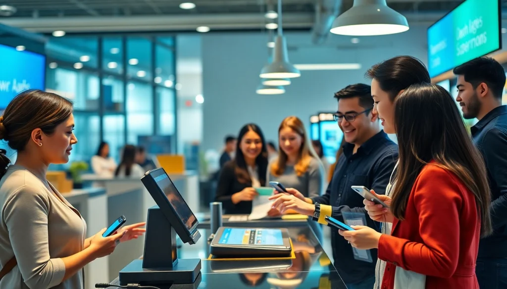 多様な顧客を紹介するキャッシュレス決済システムと、キャッシュレス決済に焦点を当てたモダンなレジ体験。