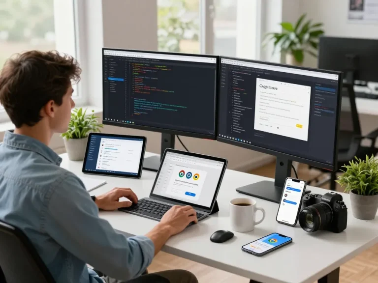 Developer optimizing 谷歌浏览器 settings and extensions in a modern tech workspace.