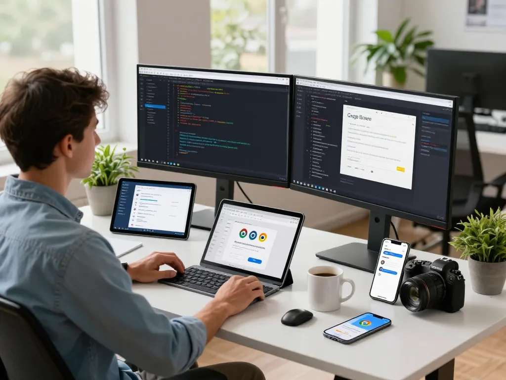 Developer optimizing 谷歌浏览器 settings and extensions in a modern tech workspace.