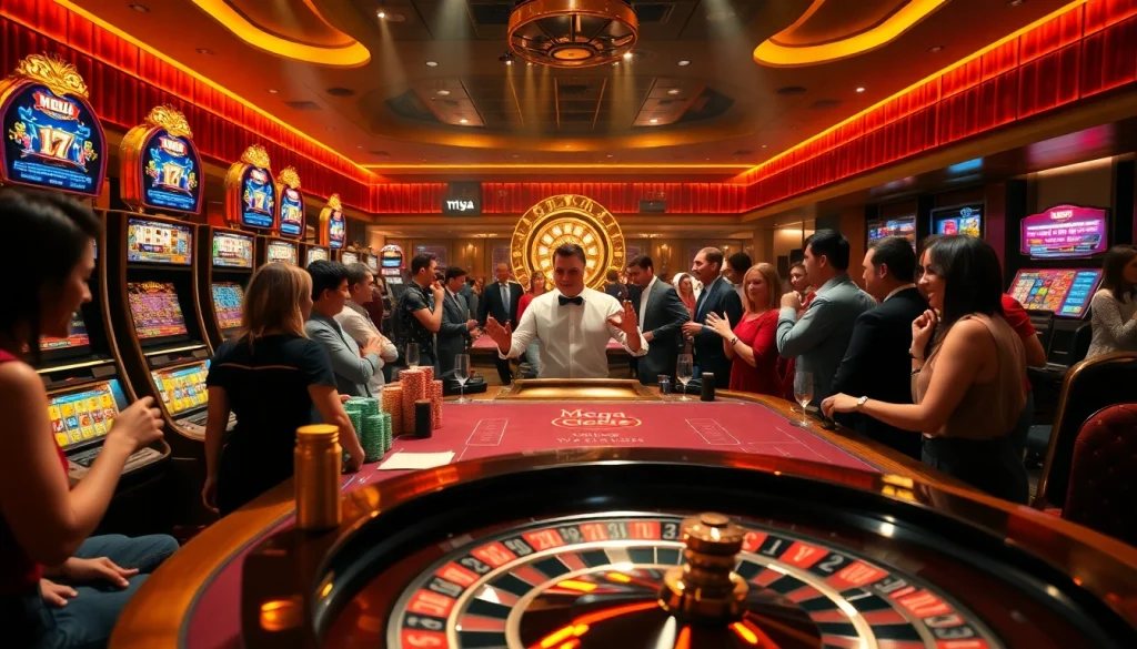 Mega casino excitement with players at a high-stakes table, surrounded by vibrant lights and gambling props.