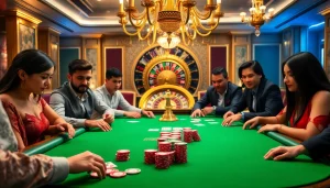 Players enjoying an exciting game at EE88 casino, with a vibrant poker table and roulette wheel in view.