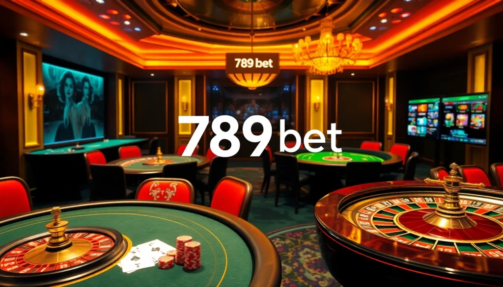 Engaging 789 bet scene with casino tables, poker chips, and online gambling interface.