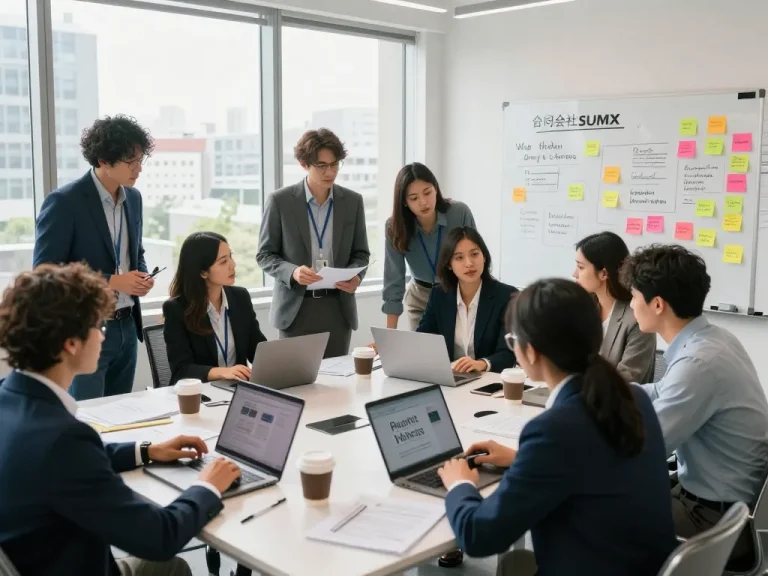 合同会社SUMXでのダイナミックなチームワークセッション、現代的なオフィスでのウェブアトラクションサービスの戦略立案。