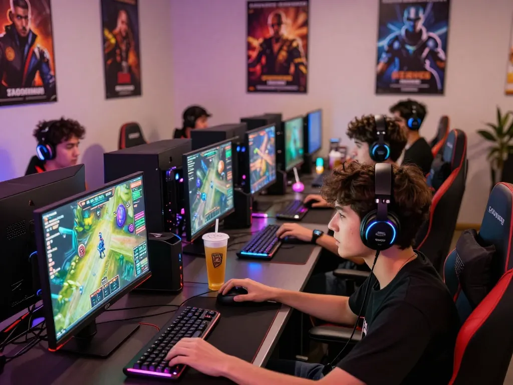 Engaged gamers at an online gaming lounge showcasing ligasedayu.com experience with advanced setups.