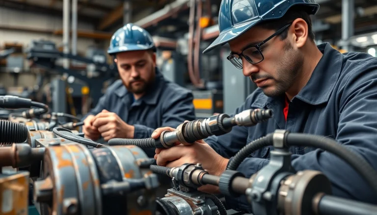 Technician conducting on-site hydraulic repair of industrial machinery, focusing on hydraulic components.