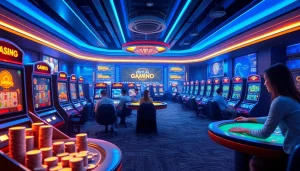 Experience the excitement of online gambling at https://onew88.com/ with a luxurious virtual casino showcasing vibrant game tables and animated slots.