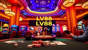 Join the excitement at LV88 with players betting on casino tables surrounded by poker chips.