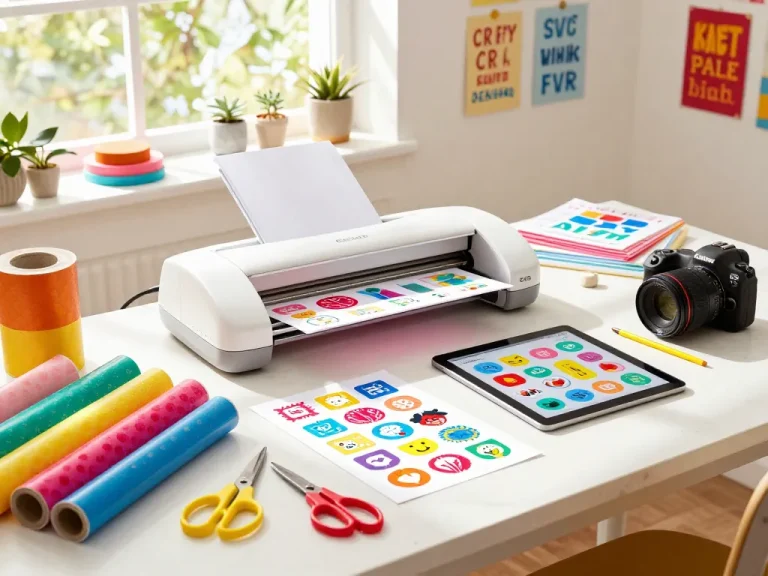 Creative crafter using SVG for Cricut in a colorful DIY workspace with vibrant materials.