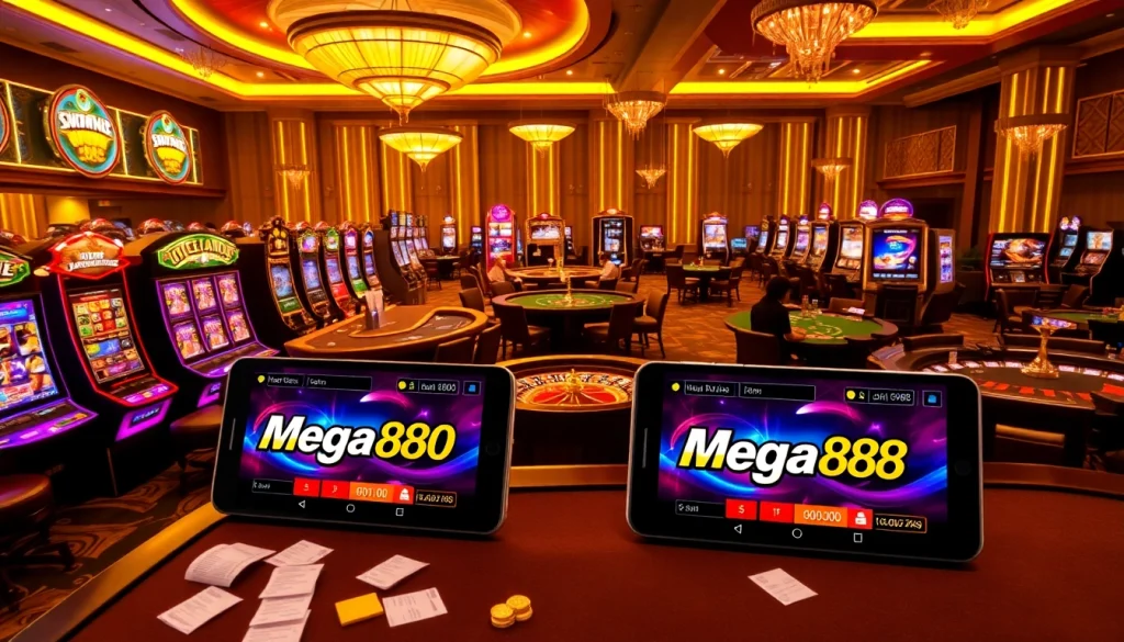 Alami muat turun mega888 dengan latar belakang kasino yang cerah, mempersembahkan peranti permainan dan aksi.