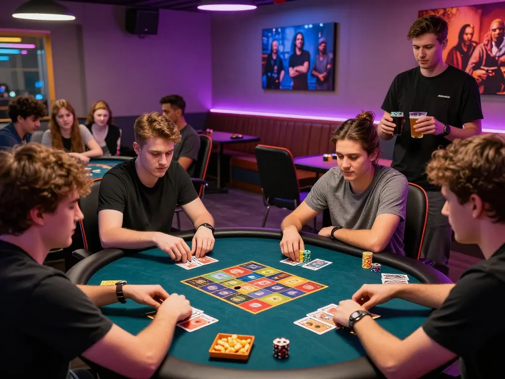 Group of friends playing poker at POKERSERI cafe, surrounded by snacks and gaming equipment.