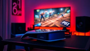 Grający na PS5 entuzjasta w nowoczesnym pokoju gier z kolorowym oświetleniem.