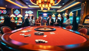 Players enjoying thrilling games at a KK55 casino table amidst vibrant lights and excitement.